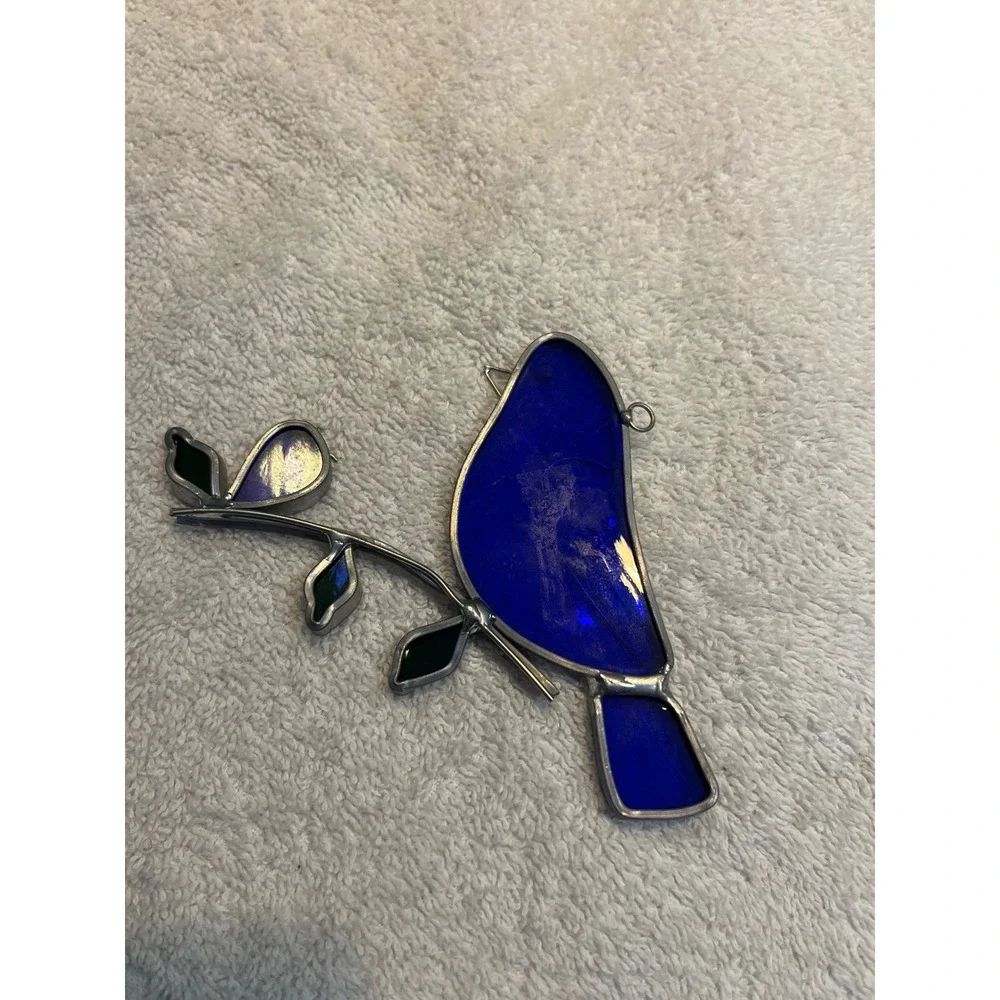 Handcrafted USA Stained Glass Blue Bird Suncatcher Cobalt Blue Window Decor 5.5